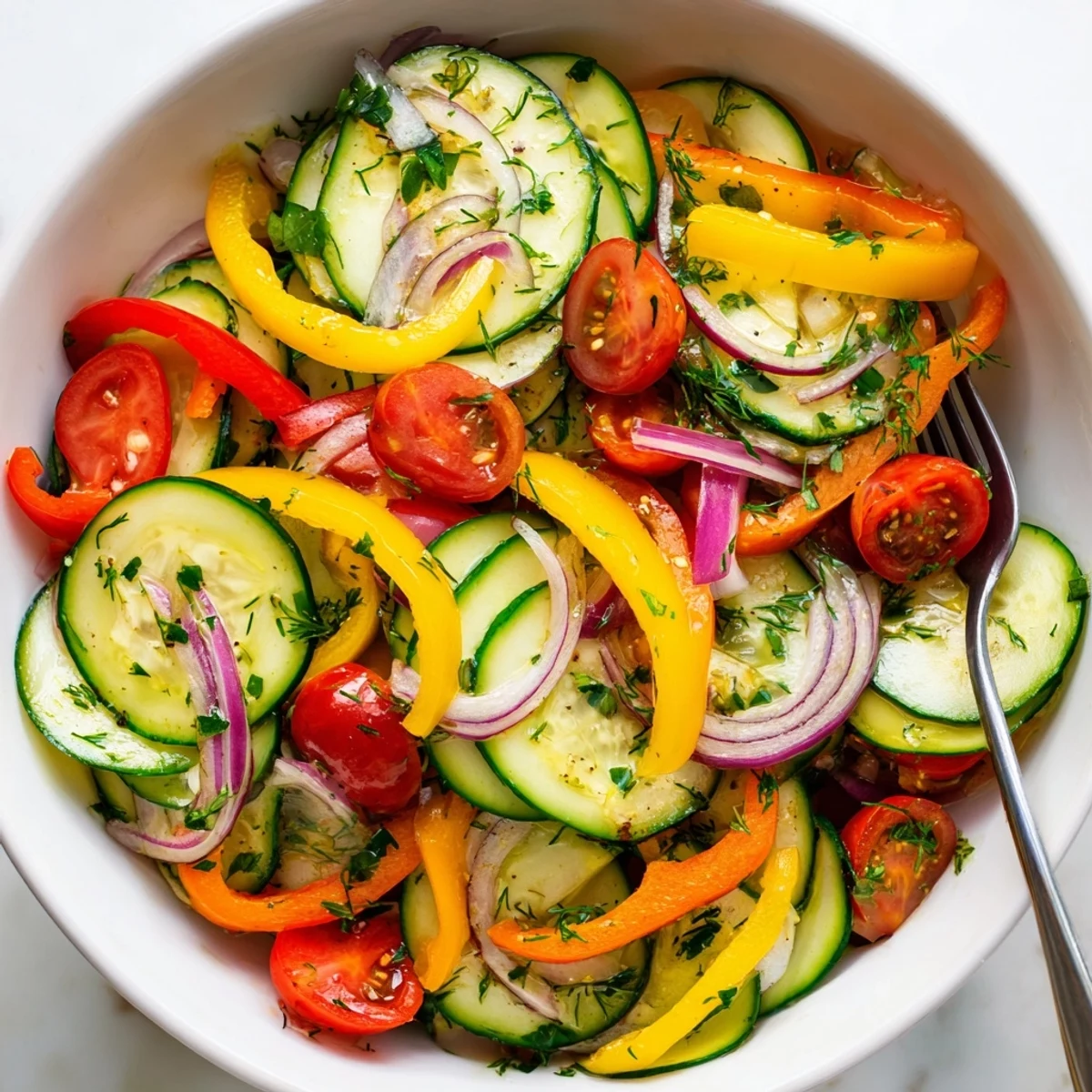 Cucumber and Sweet Pepper Salad featuring crisp sliced vegetables tossed in zesty lemon herb dressing