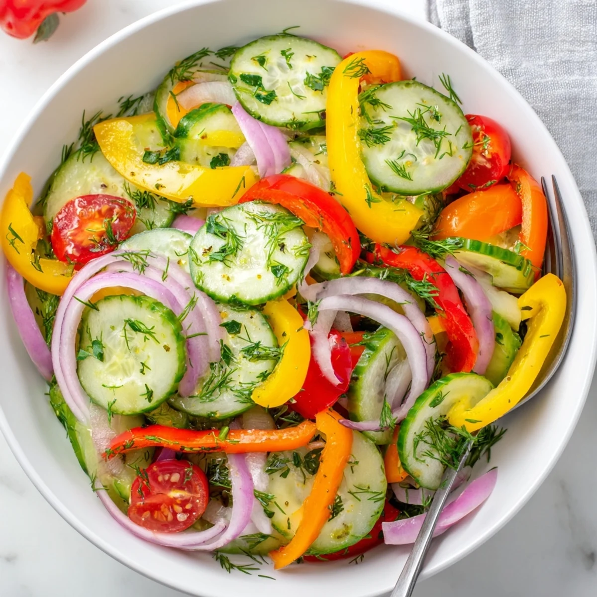 Vibrant cucumber and sweet pepper salad bowl with colorful bell peppers, cherry tomatoes, and fresh herbs
