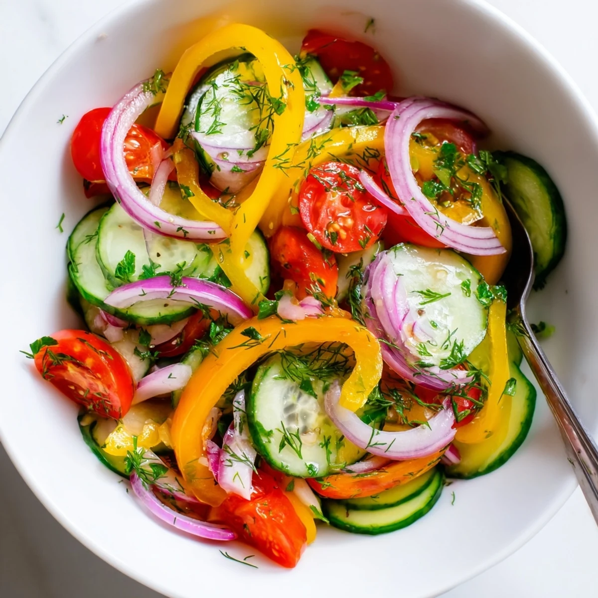 Fresh cucumber and sweet pepper salad arranged on white plate with drizzled olive oil dressing