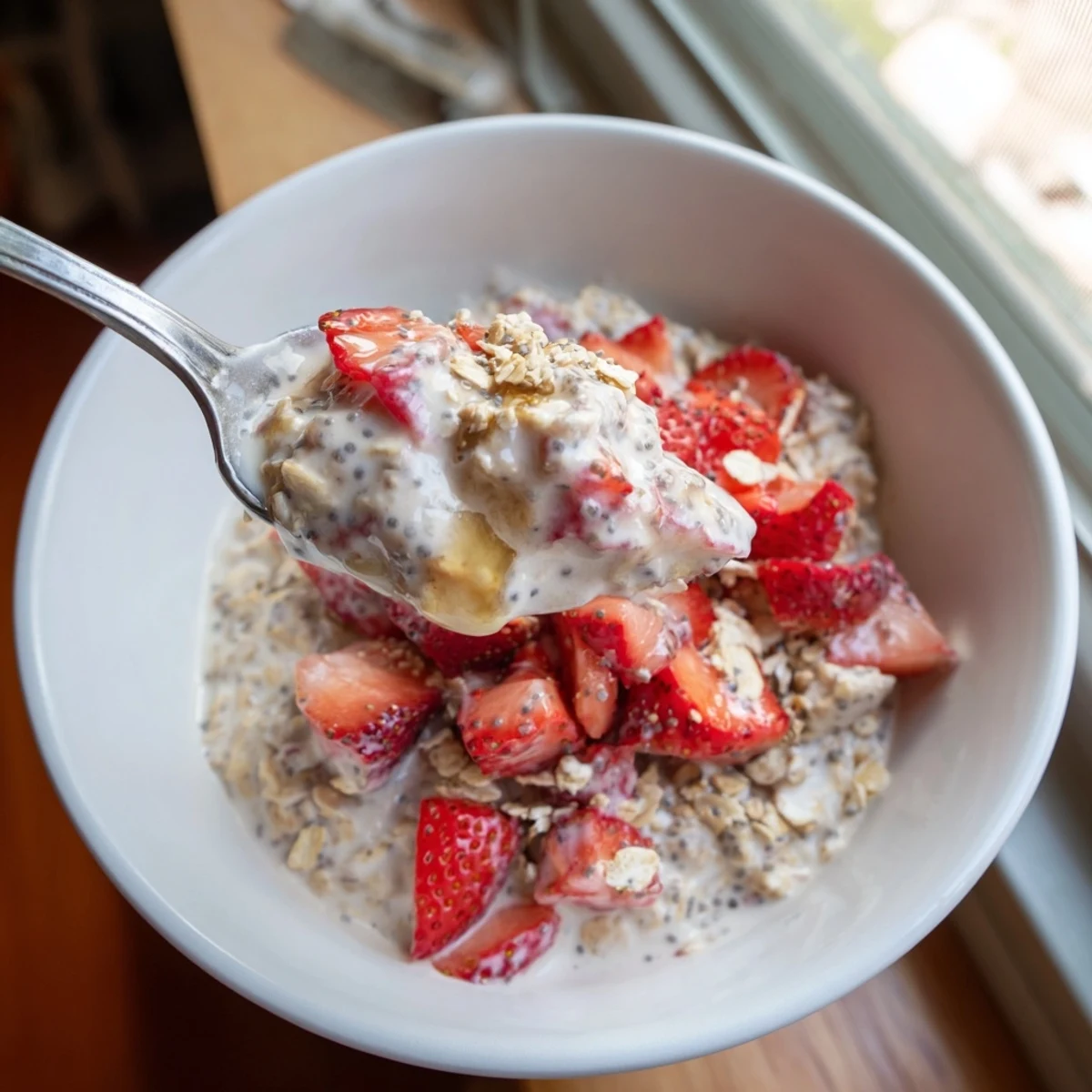 Glass jar layered with creamy strawberries and cream overnight oats topped with fresh berries