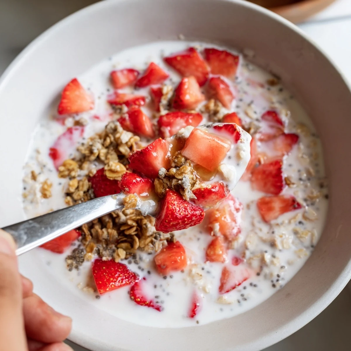 Mason jar of strawberries and cream overnight oats with juicy red fruit and granola