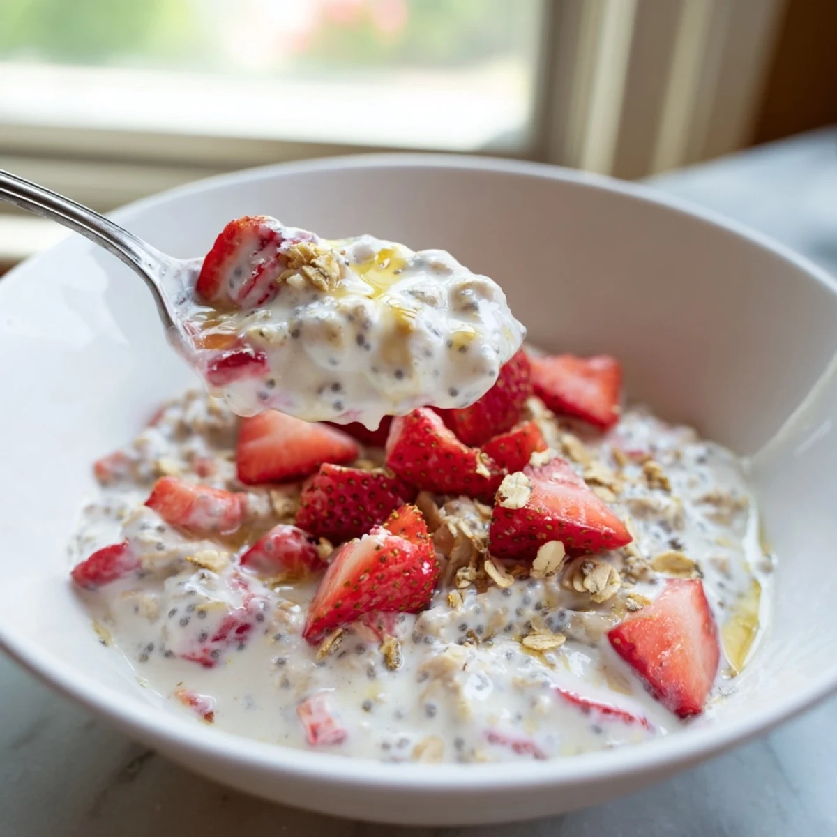 Creamy strawberries and cream overnight oats in a clear jar with sliced strawberry garnish