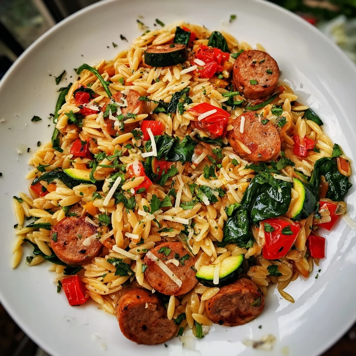 Creamy chicken sausage orzo one pot dish topped with fresh herbs and grated Parmesan