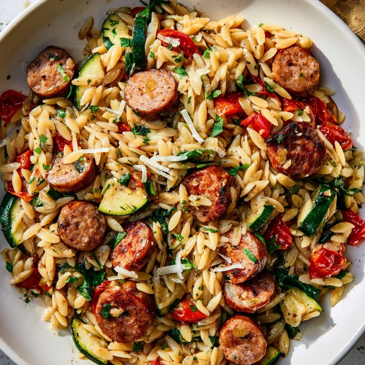 Golden chicken sausage orzo one pot meal with colorful vegetables in a deep skillet
