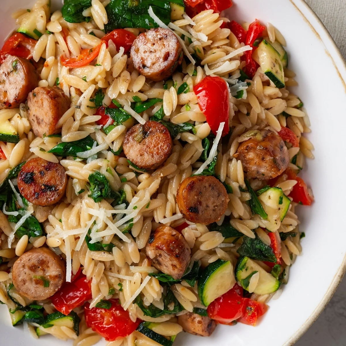 Hearty chicken sausage orzo one pot recipe showcasing tender pasta and vibrant mediterranean vegetables