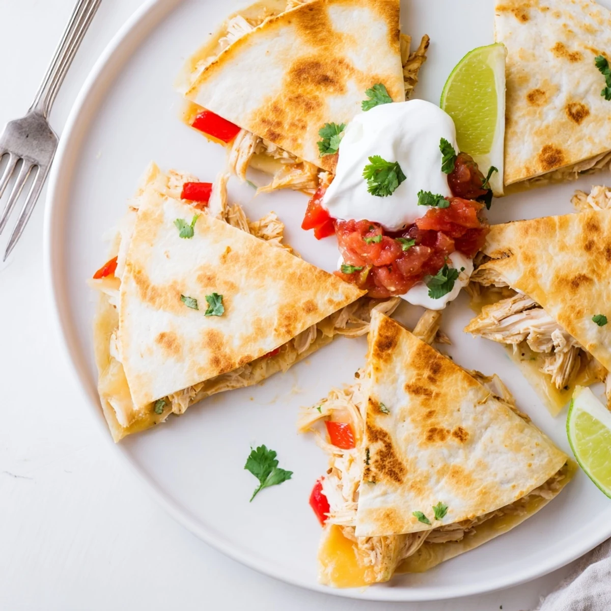 Golden brown crispy chicken quesadillas cut into wedges on a wooden serving board