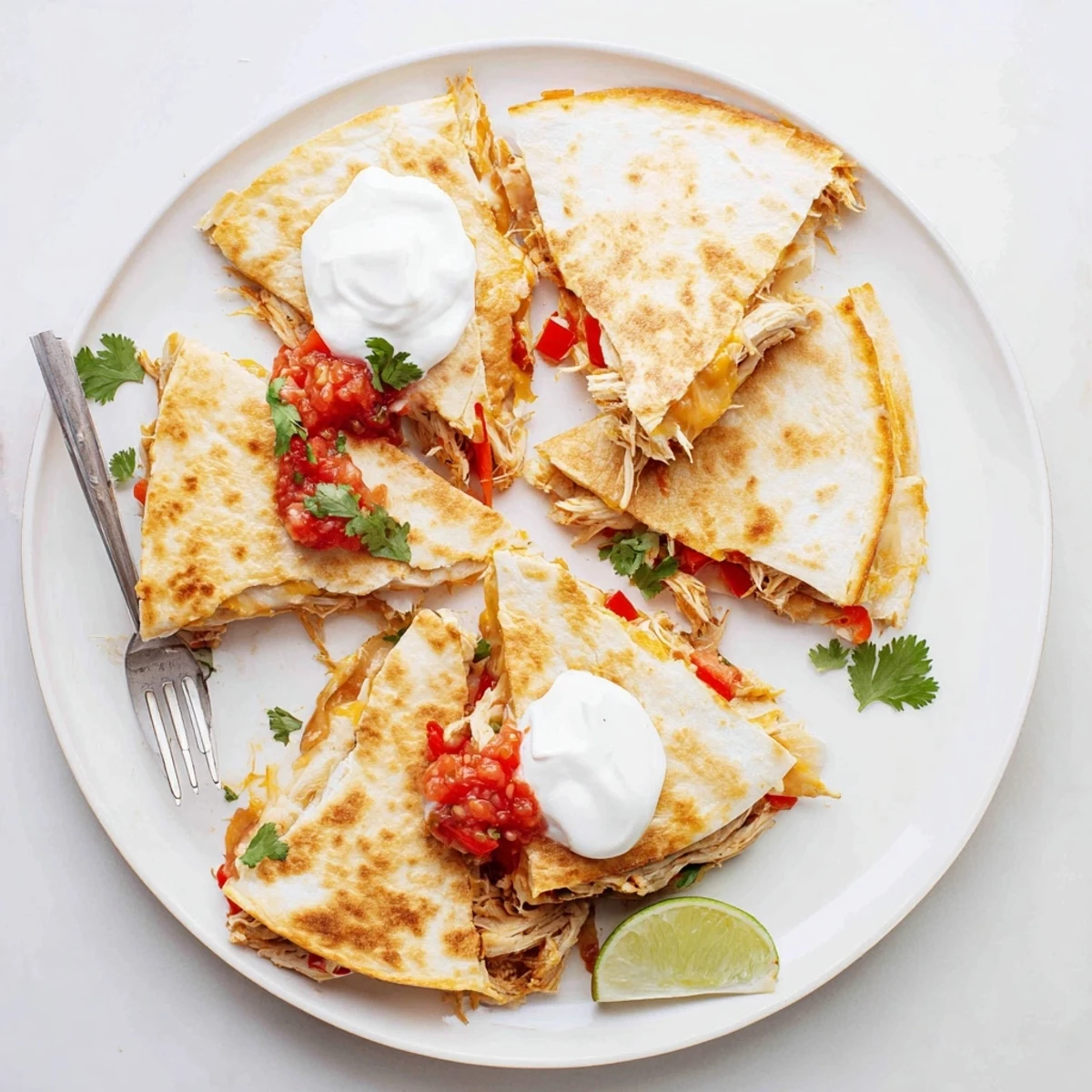 Skillet-cooked quesadillas oozing melted Monterey Jack cheese and seasoned shredded chicken filling