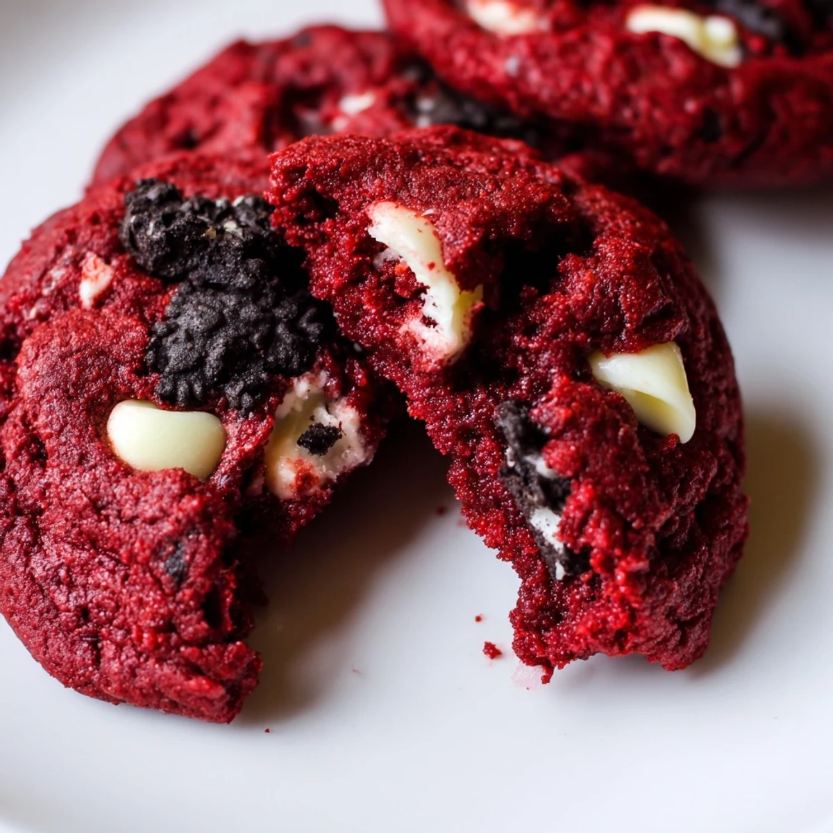 Soft chewy red velvet Oreo cookies topped with white chocolate chips on a white plate