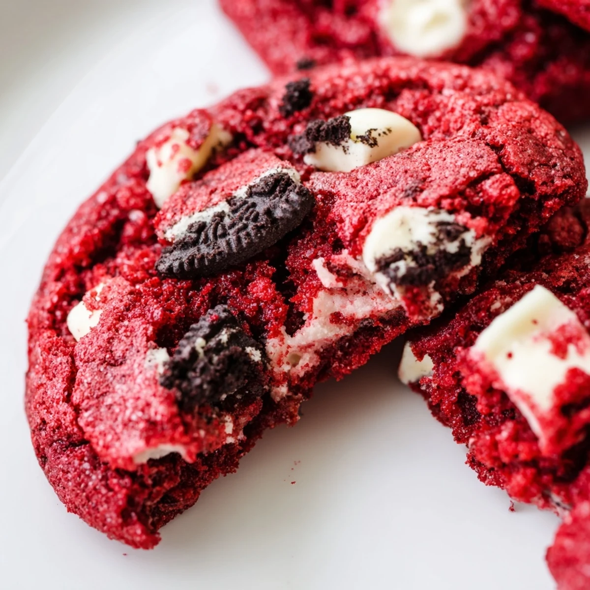 Baked red velvet Oreo cookies with chunks of chocolate sandwich cookies and cream swirls