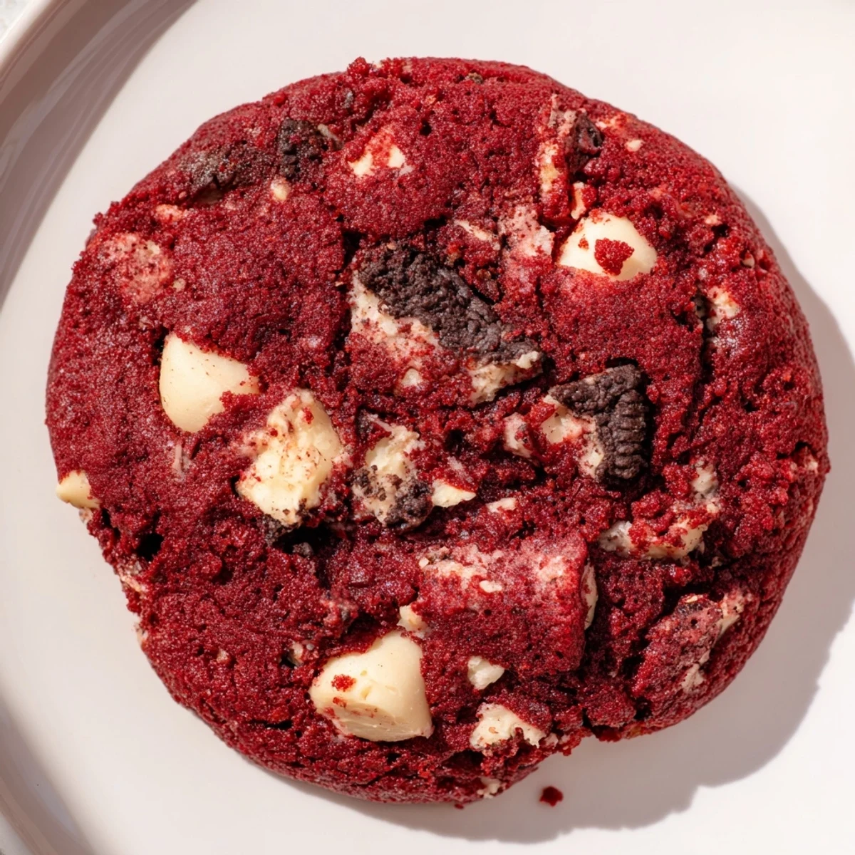 Homemade red velvet Oreo cookies showing cracked texture and white chocolate chunks on cooling rack