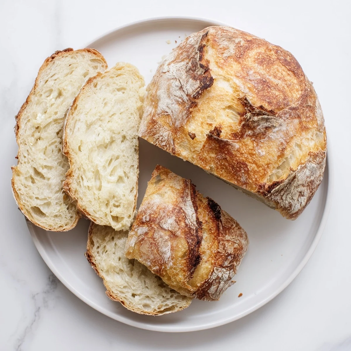 Golden crusty bread loaf with crackling surface and airy chewy interior sliced on wooden board