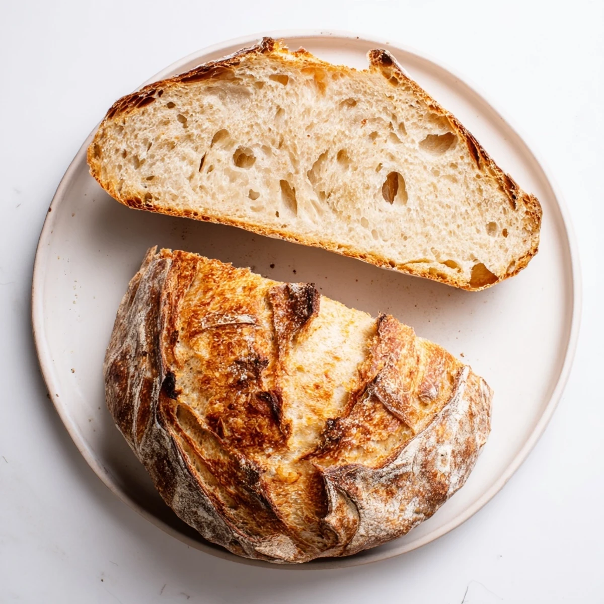 Rustic homemade crusty bread broken apart revealing soft holes perfect for dipping in soups