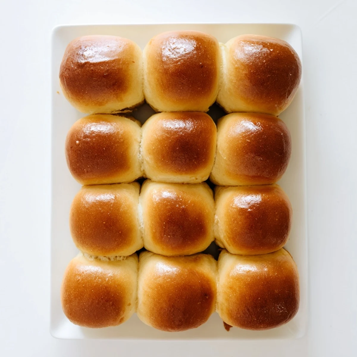 Golden brown Buttery Bliss Brioche Arranged in a baking pan with shiny glazed tops