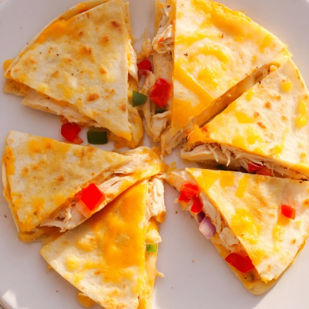 Crispy tortilla halves stuffed with seasoned chicken quesadillas and red onion on a wooden board