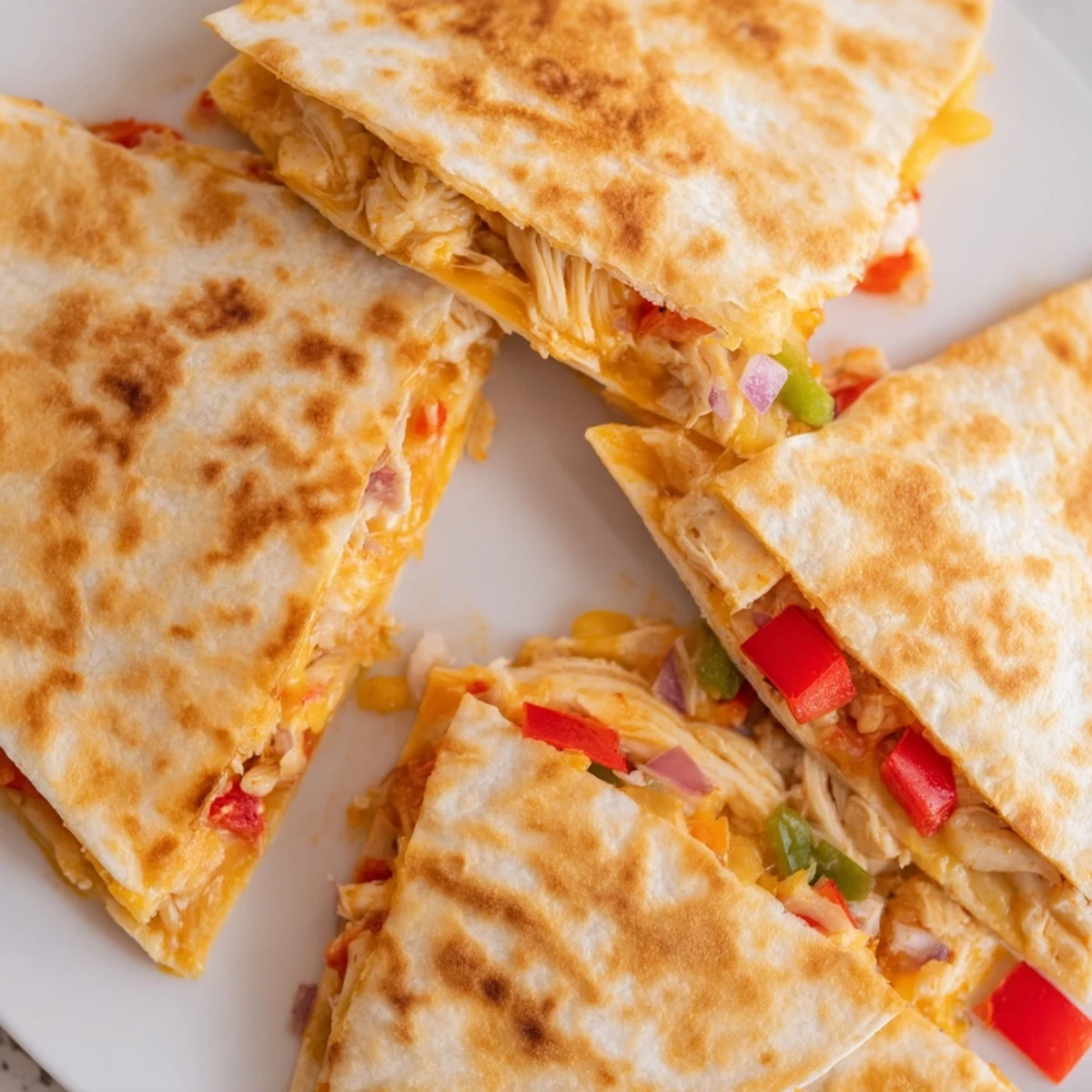 Golden chicken quesadillas sliced into wedges with melted cheddar and colorful bell peppers