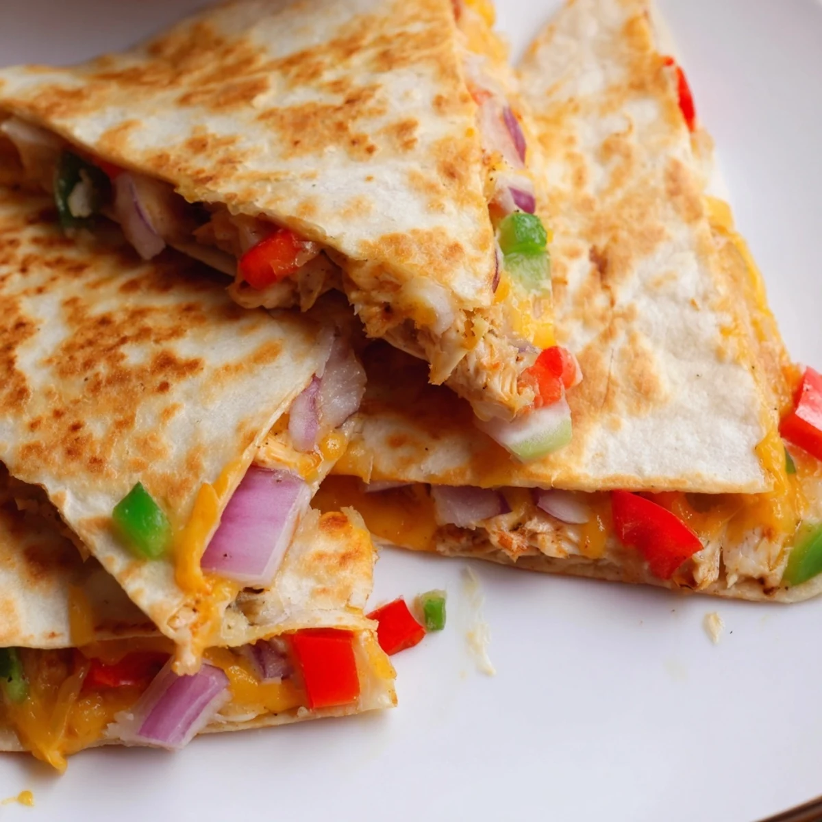 Warm chicken quesadillas oozing cheese, served with salsa, guacamole and fresh lime wedges