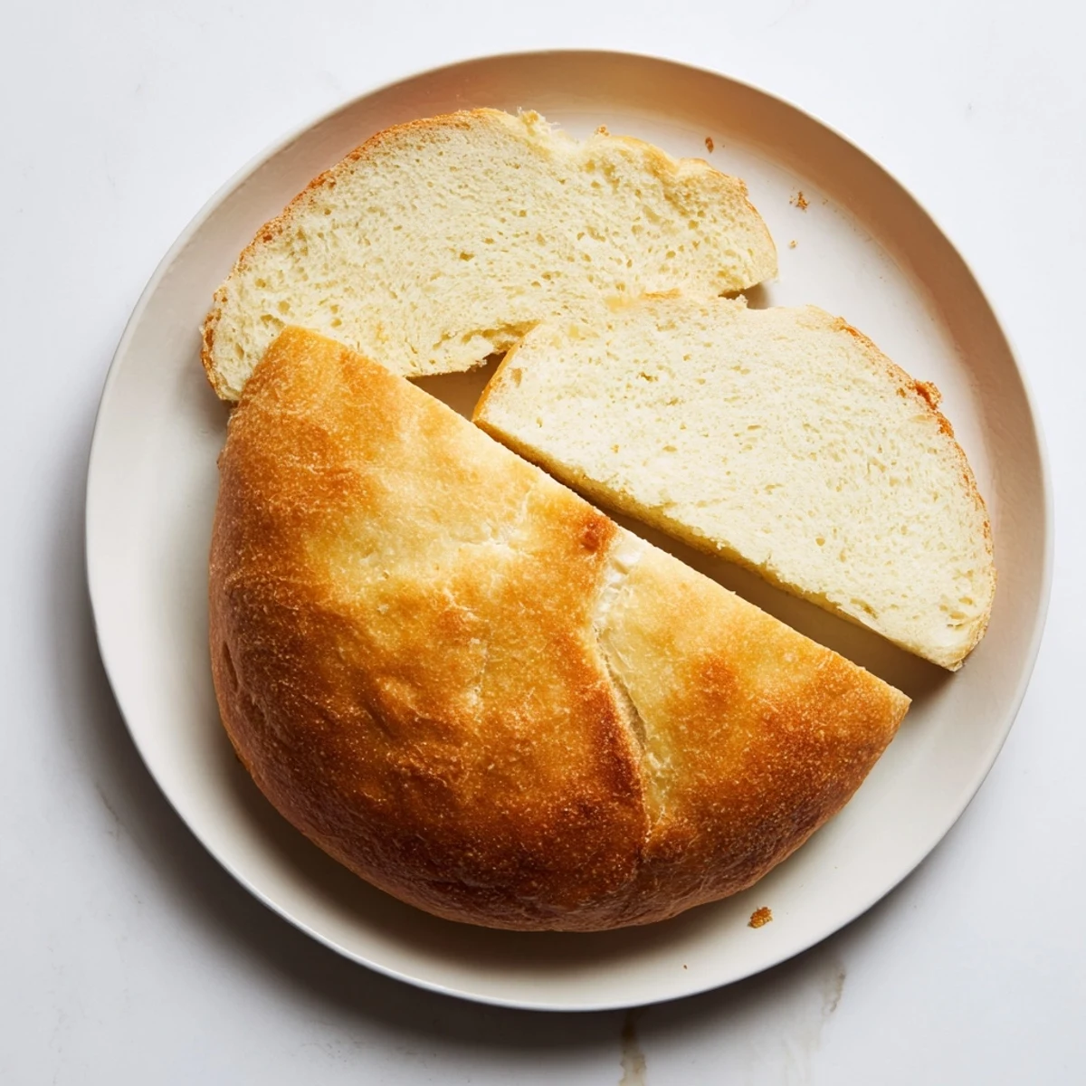 Round homemade bread loaf sliced open showing fluffy white crumb perfect for buttering