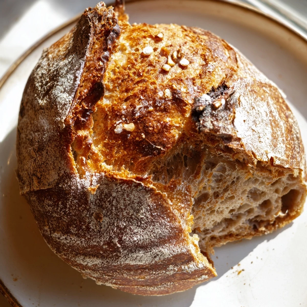 Rustic artisan no knead bread loaf with deep golden crust and chewy interior