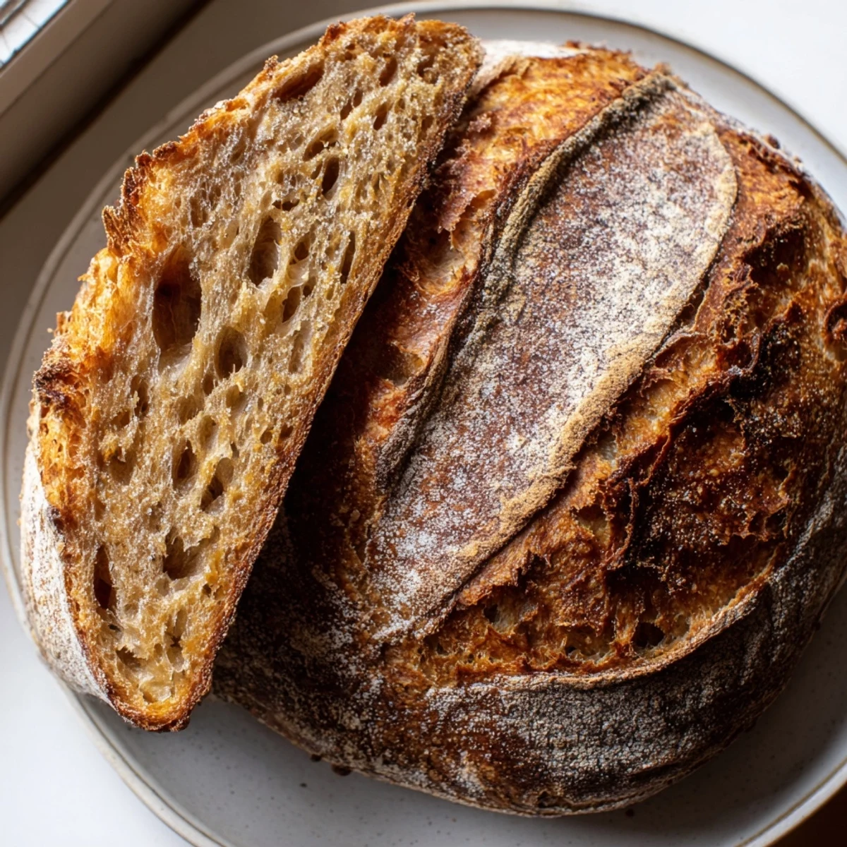 Freshly baked artisan no knead bread cooling on wire rack, ready for slicing