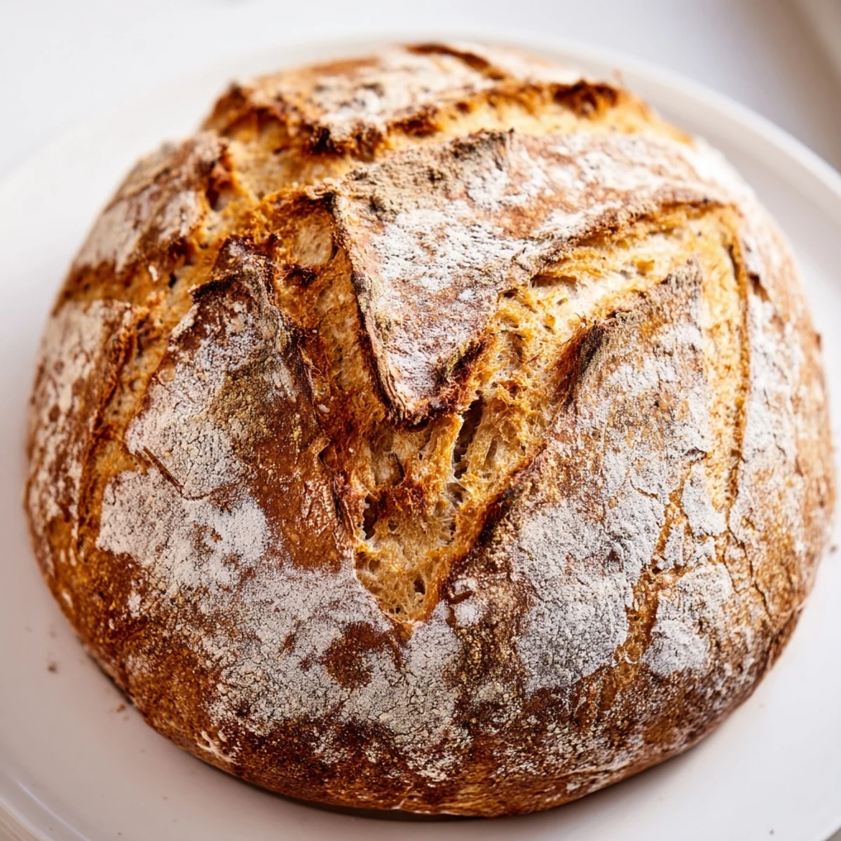 Homemade Easy Rustic Bread cooling on wire rack with deep golden brown crust