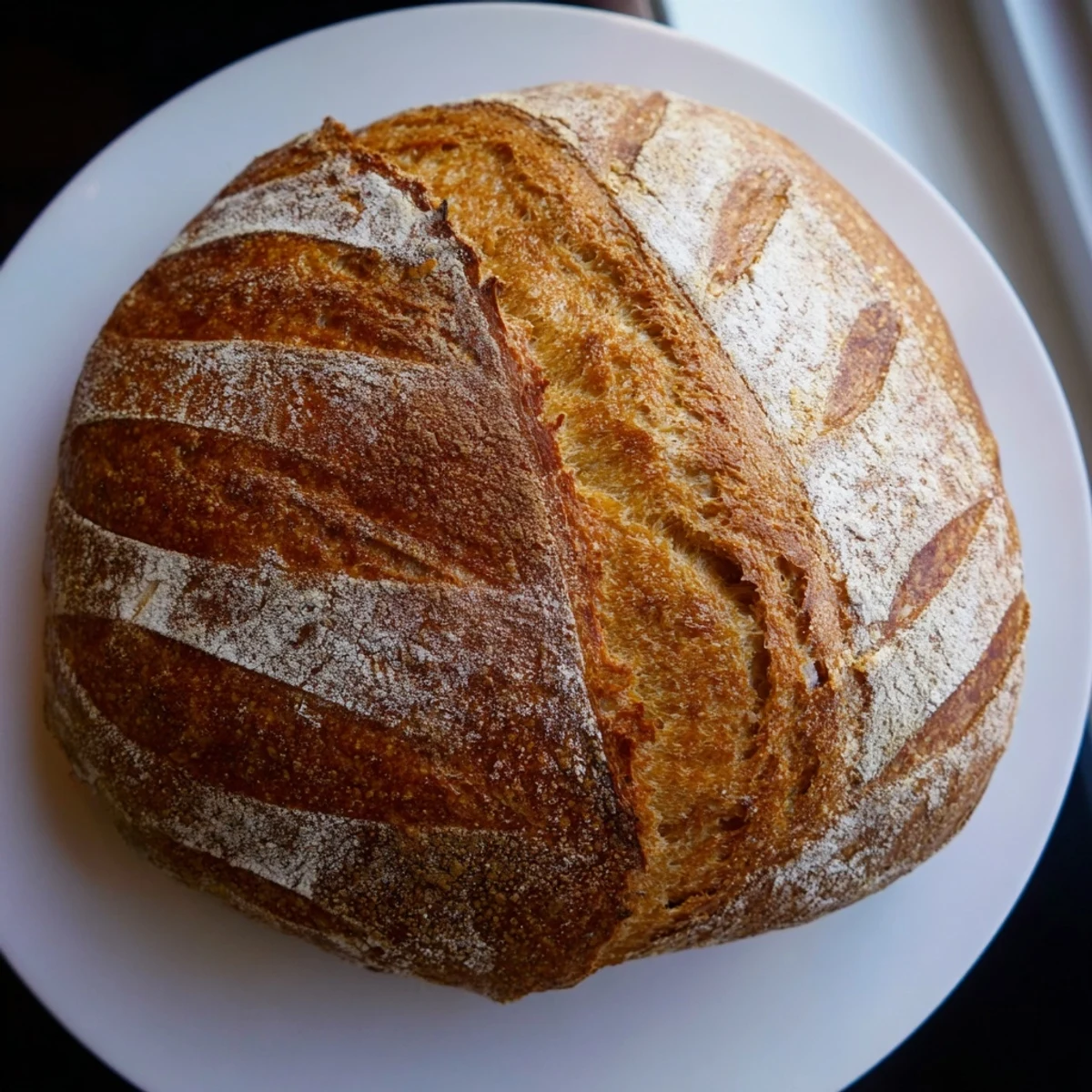 Sliced Easy Rustic Bread showing soft airy crumb perfect for dipping in olive oil