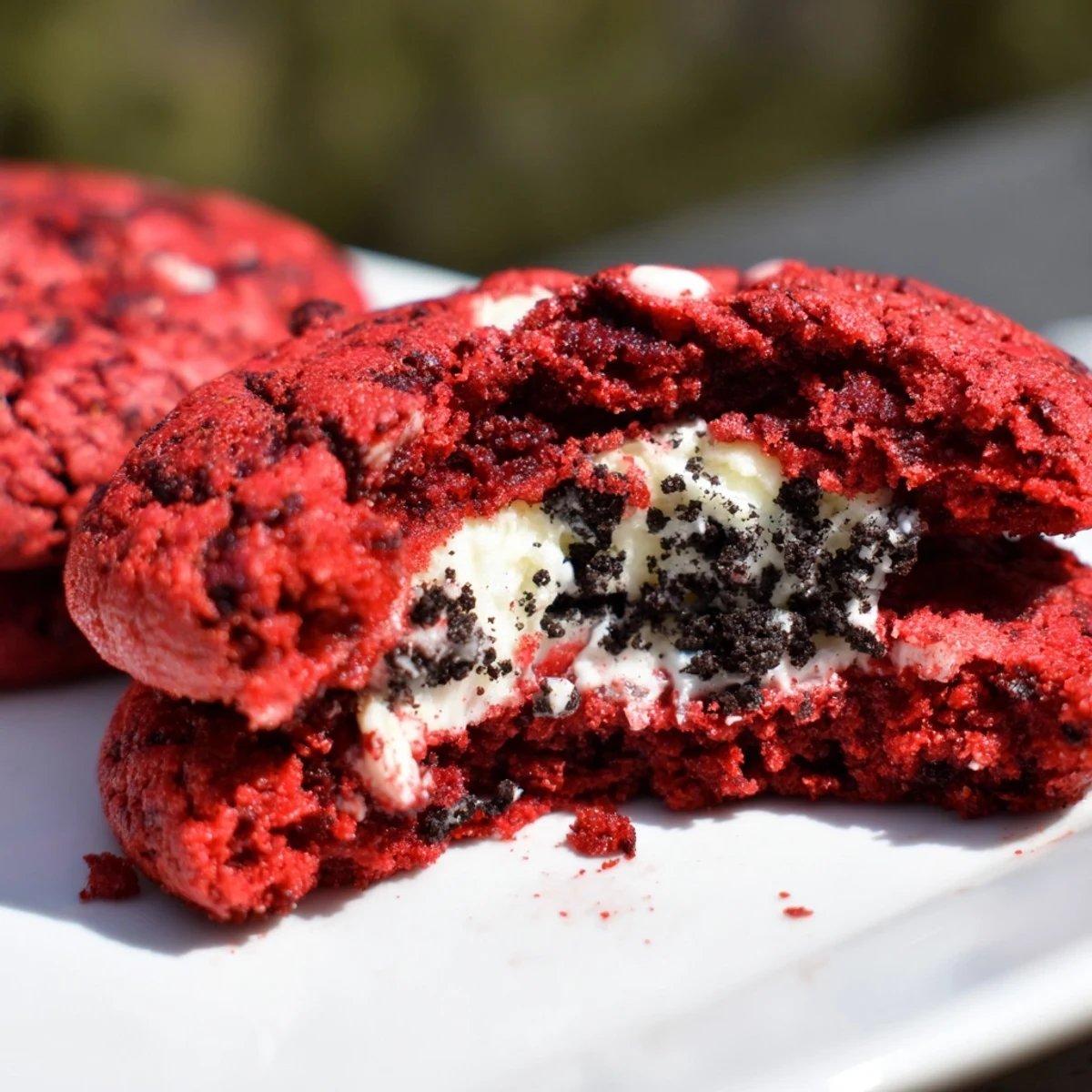 Freshly baked red velvet Oreo cookies with white chocolate chips on a cooling rack