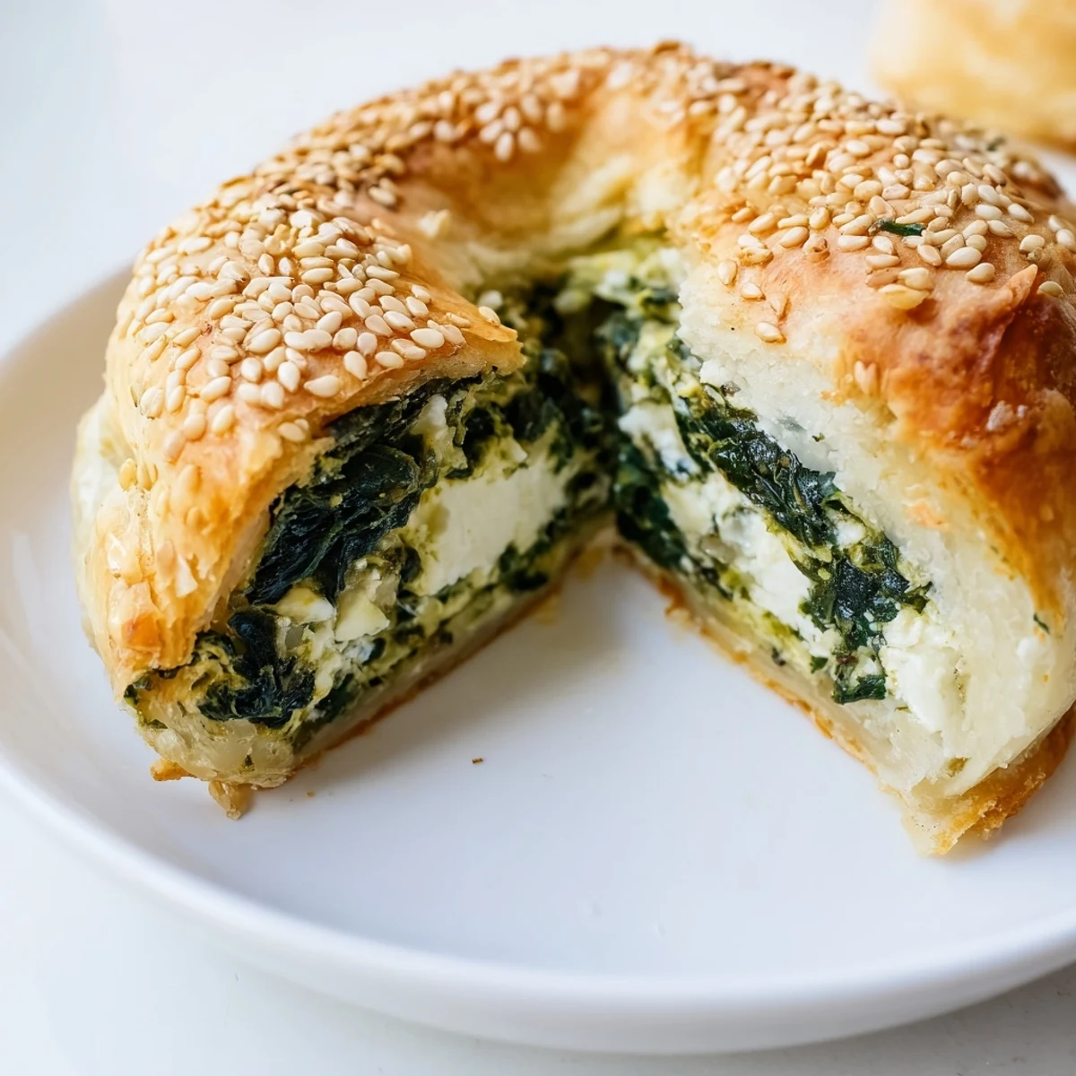 Golden brown spinach cottage cheese flagels with sesame seed topping on white parchment paper