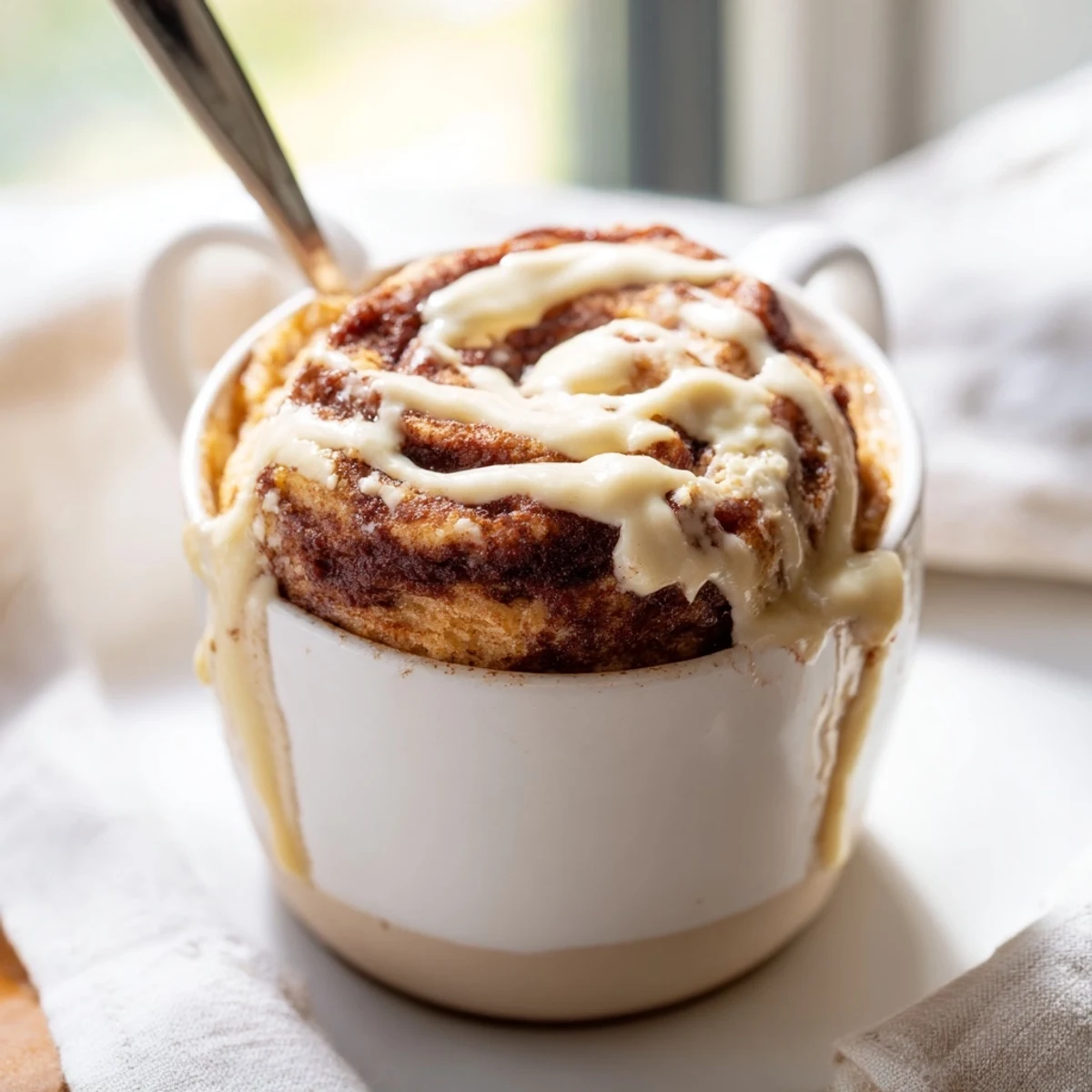 High protein cottage cheese cinnamon roll mug cake fresh from the microwave with cinnamon sugar swirl
