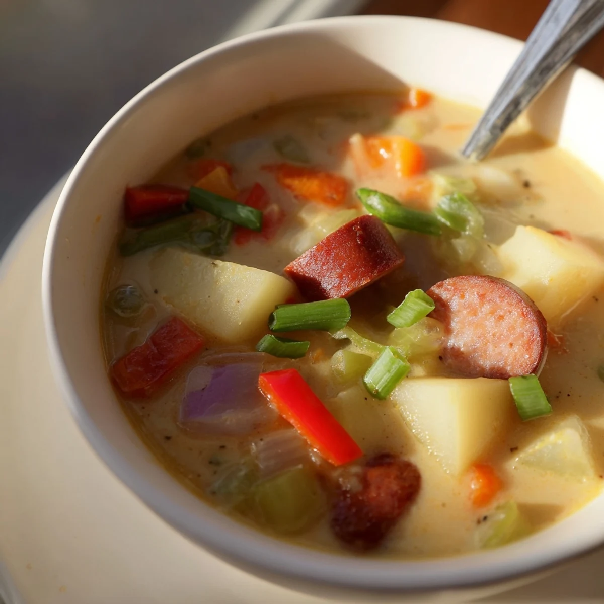 Creamy spicy Cajun potato soup loaded with smoky Andouille sausage and colorful diced vegetables in a deep bowl