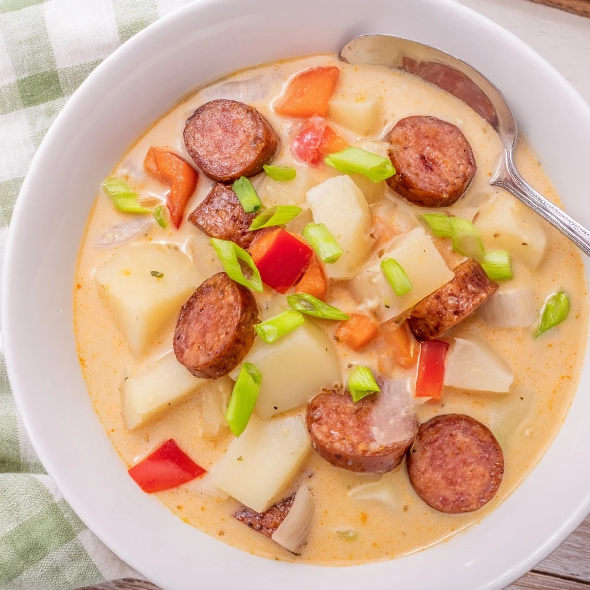 Rustic spicy Cajun potato soup with creamy broth, sausage pieces, and vegetable medley served in white bowl