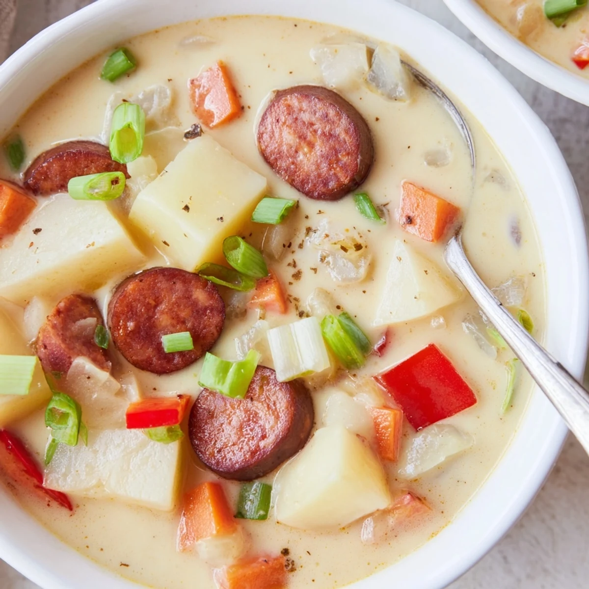 Hearty Cajun potato soup featuring tender potato chunks, sliced sausage, and garnish of fresh green onions
