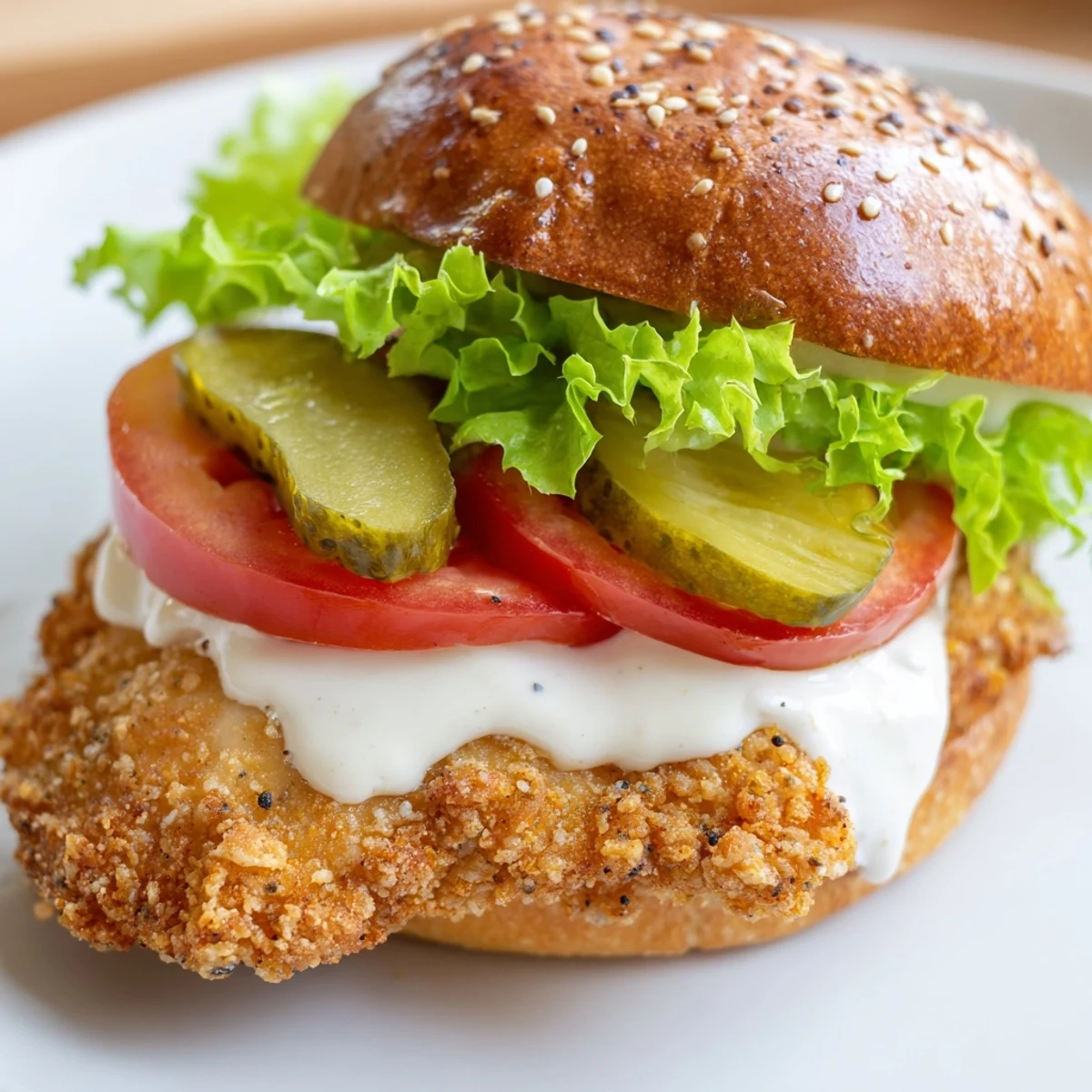 Golden Cajun crispy chicken sandwich stacked with creamy garlic aioli on toasted brioche bun