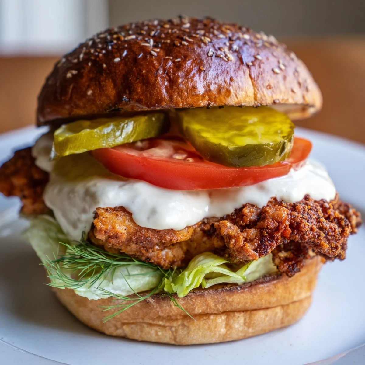 Spicy fried chicken breast with garlic aioli, fresh lettuce, tomato, and pickles on brioche