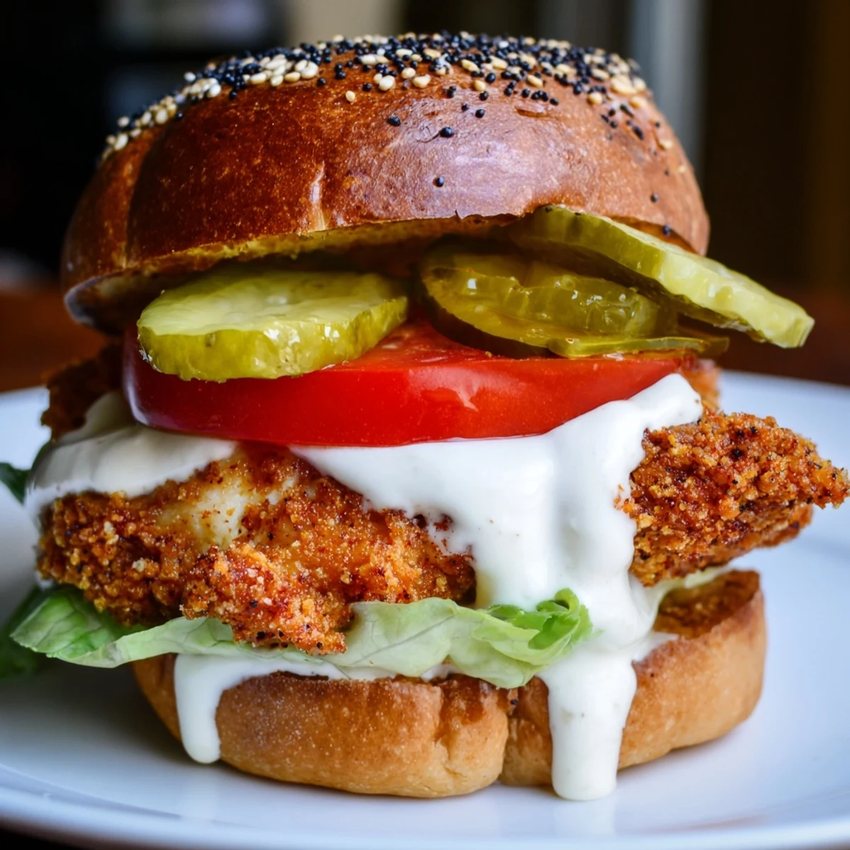 Homemade Cajun chicken sandwich featuring crispy breaded poultry topped with tangy garlic mayonnaise sauce