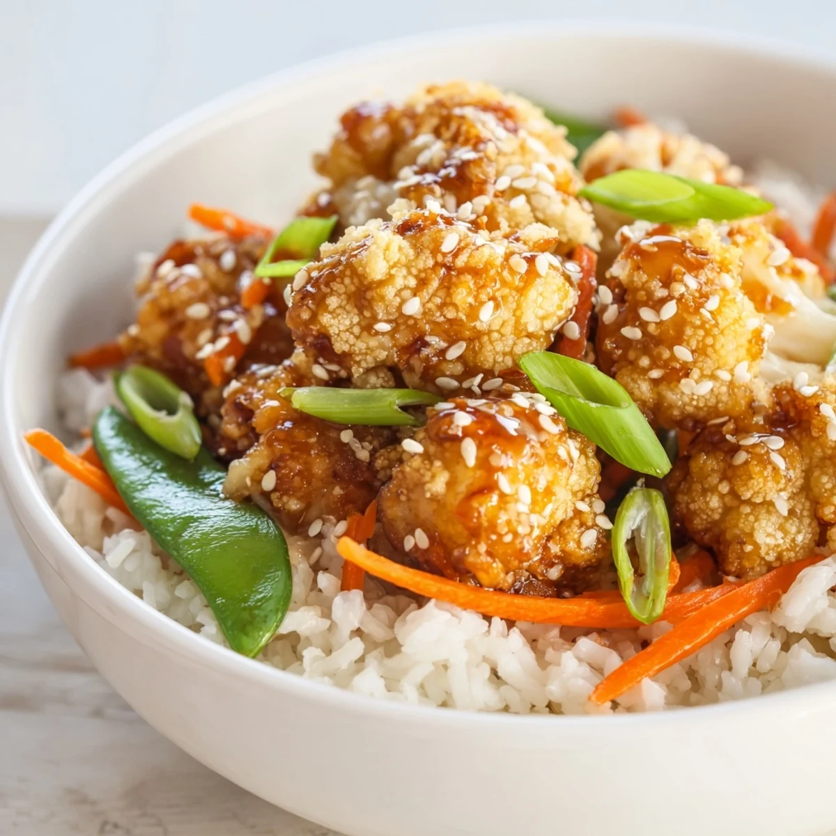 Golden crispy General Tsos cauliflower florets glazed in sweet spicy tangy red sauce over fluffy white rice
