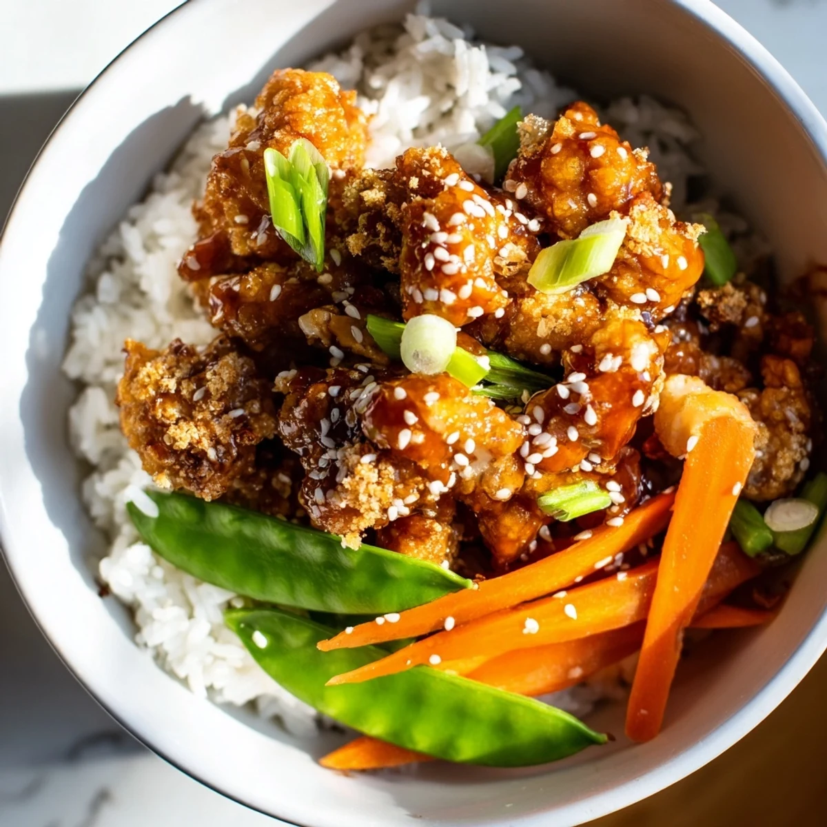 Vegan General Tsos cauliflower bowls topped with sesame seeds fresh green onions and colorful snow pea garnish