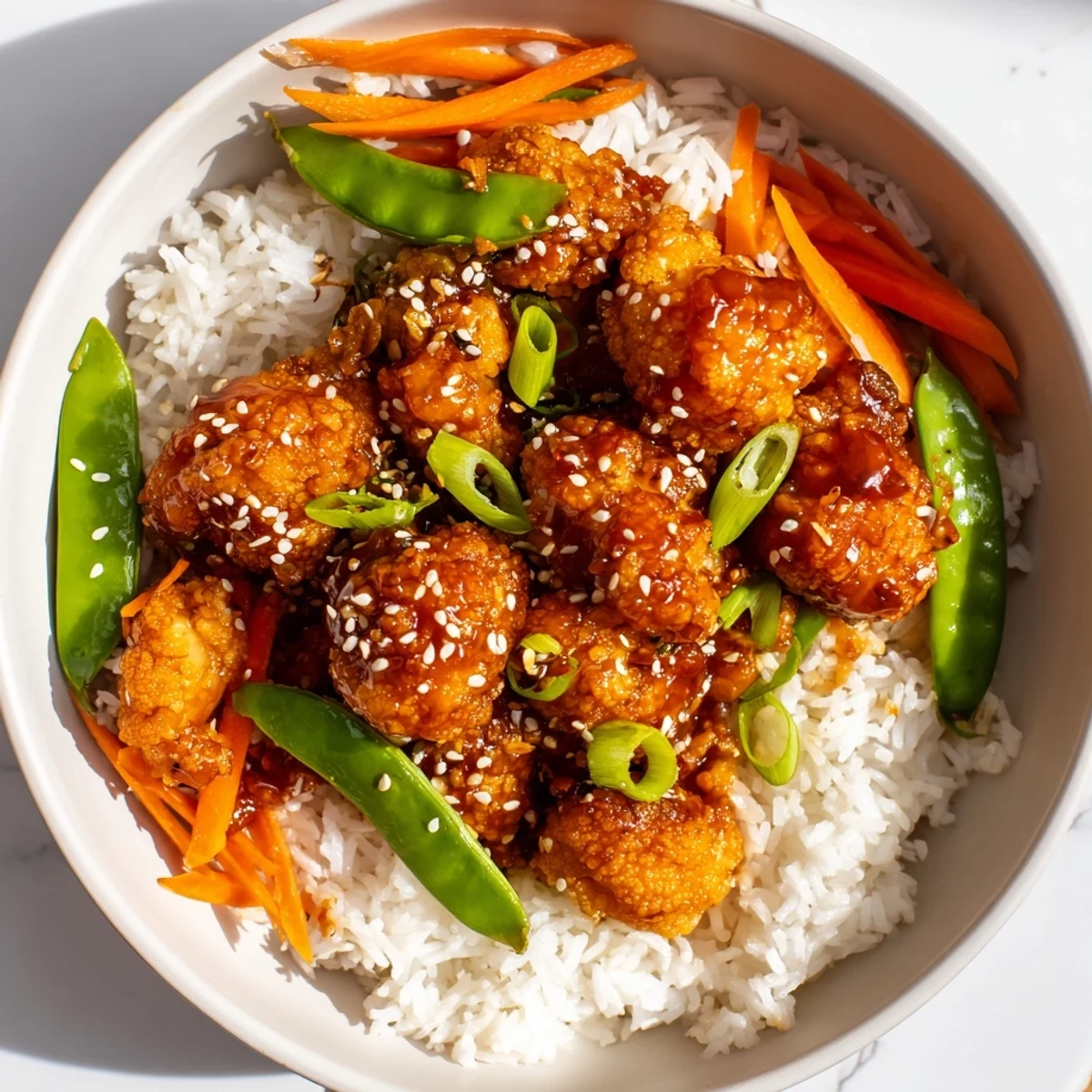 Plant-based General Tsos cauliflower plated with steamed carrots rice and drizzled thick sticky savory sauce for serving
