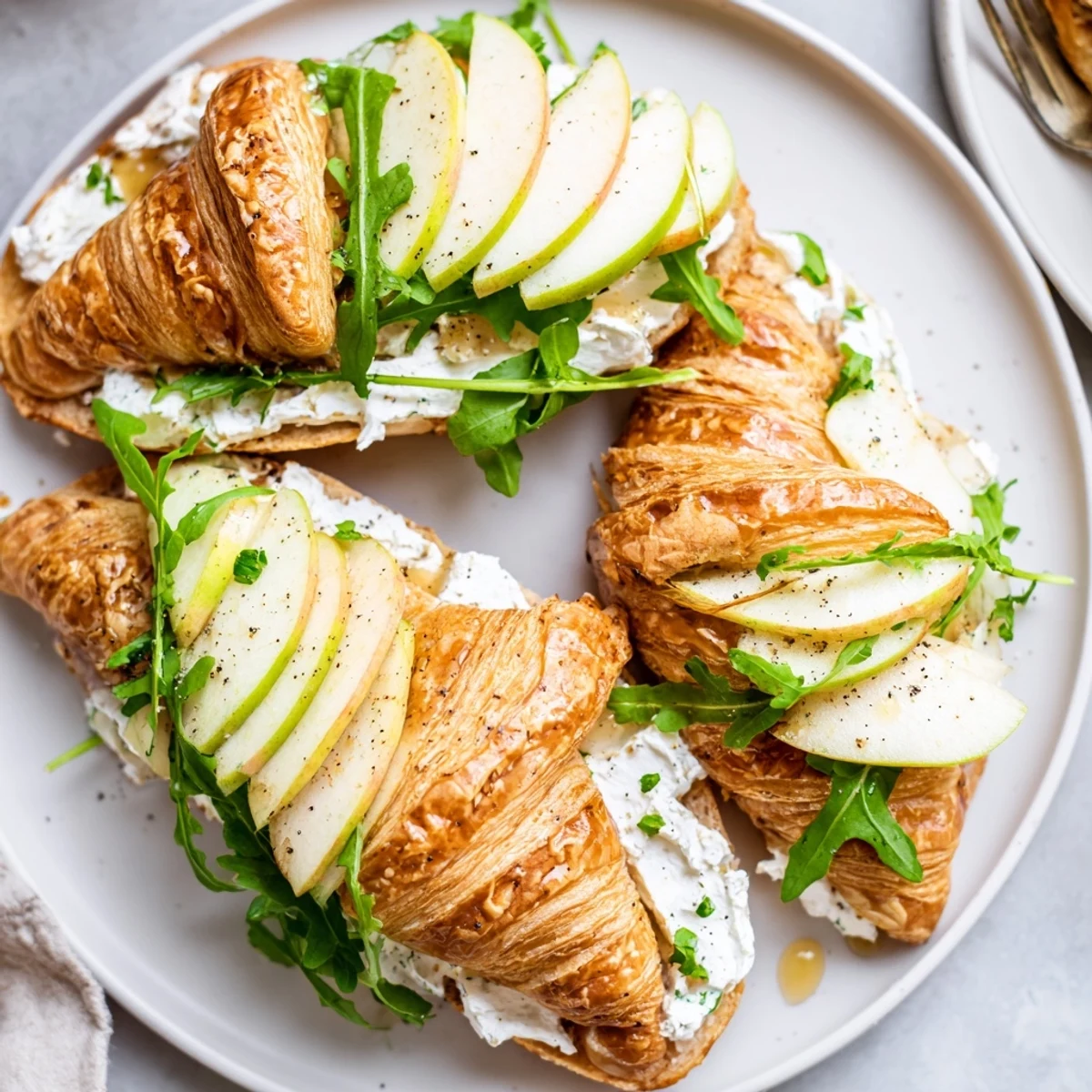 Golden flaky croissant sandwich layered with creamy goat cheese and crisp apple slices on wooden board