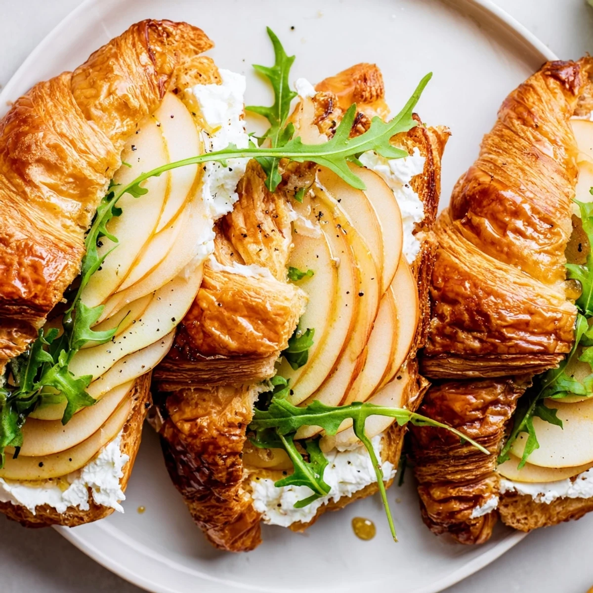 Freshly sliced apple goat cheese croissant sandwich topped with peppery arugula and honey drizzle