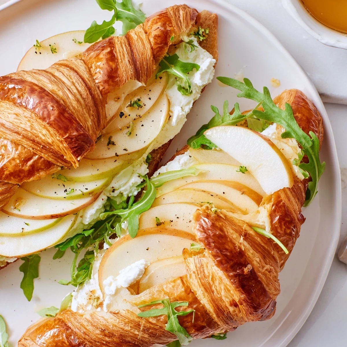 Gourmet breakfast sandwich featuring buttery croissant stuffed with tangy goat cheese and tart apples