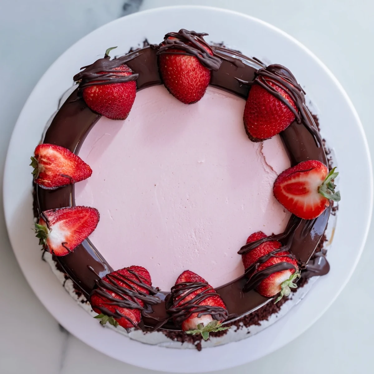Rich chocolate covered strawberry ice cream cake topped with fresh strawberry halves and dark chocolate drizzle