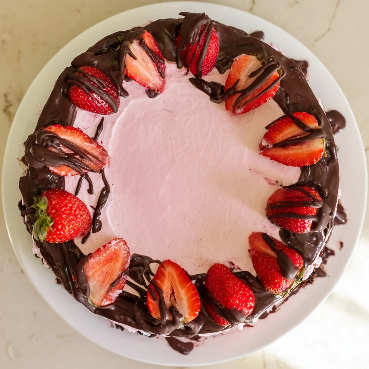 Slice of chocolate covered strawberry ice cream cake showing fudgy chocolate base creamy pink layer and glossy topping