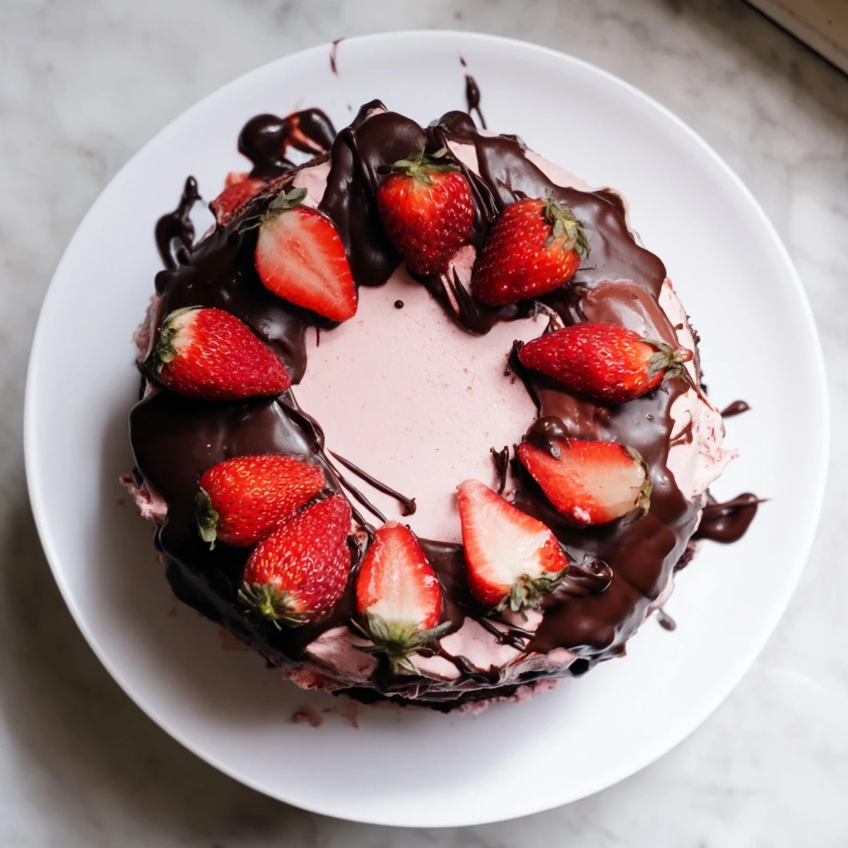 Decadent layered chocolate covered strawberry ice cream cake with crisp chocolate shell and juicy berry garnish