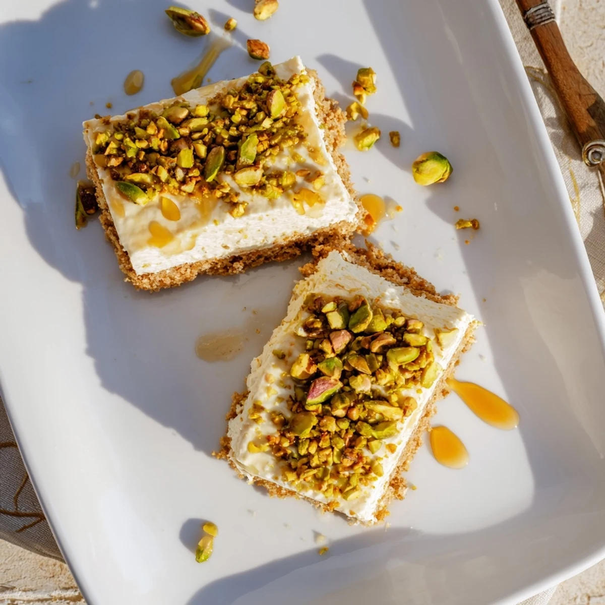 Golden Greek honey pistachio cheesecake bars with crunchy pistachio topping on white plate