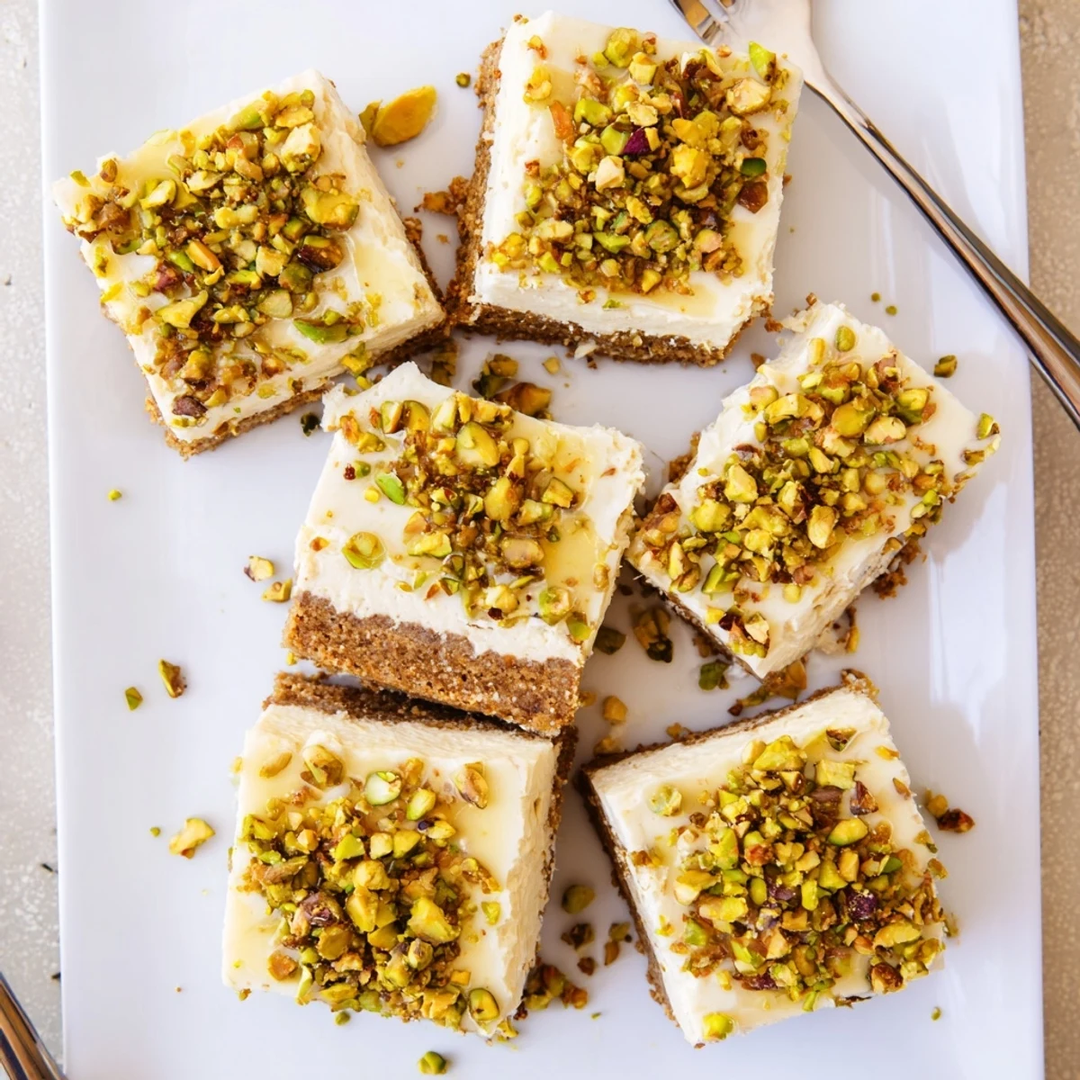 Creamy Greek honey pistachio cheesecake bars drizzled with warm honey and chopped nuts