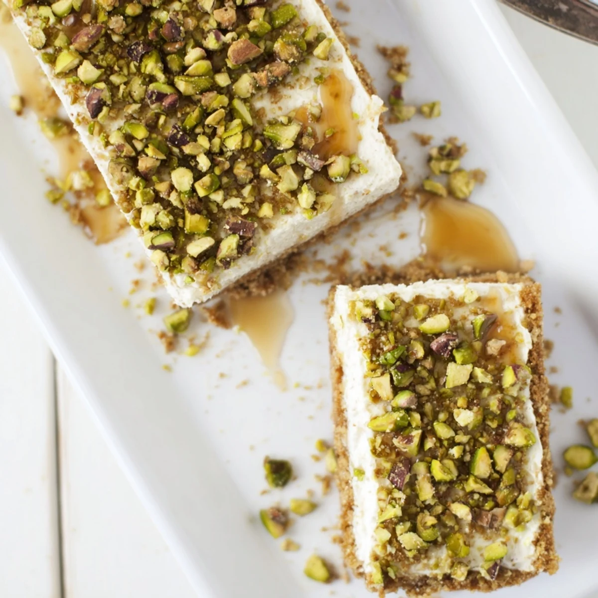 Slice of luscious Greek honey pistachio cheesecake bars with pistachio crumble crust