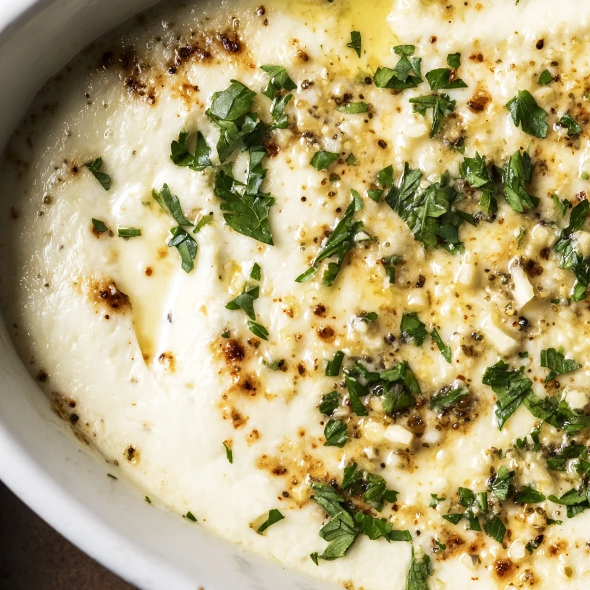 Golden bubbly cheesy garlic white pizza dip with melted mozzarella topping served warm