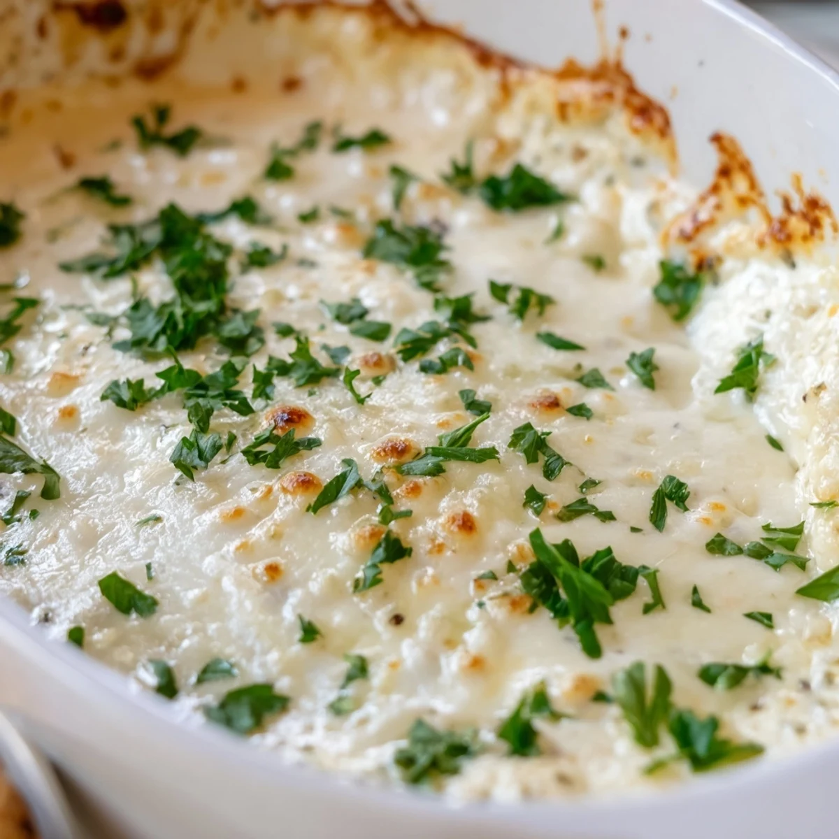 Hot Italian appetizer of three cheese garlic dip paired with crispy bread slices