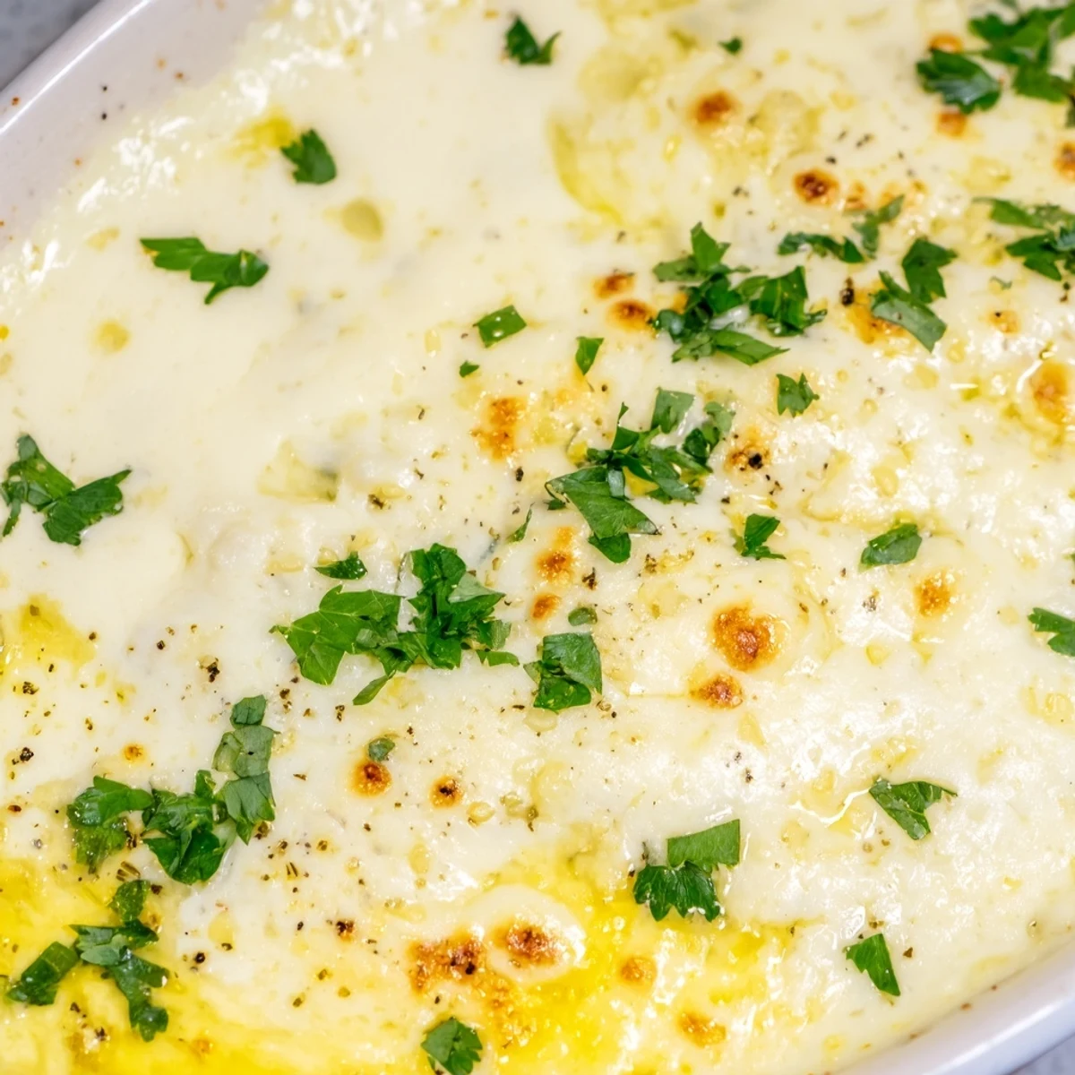 Creamy white pizza dip with roasted garlic and herbs garnished with fresh parsley