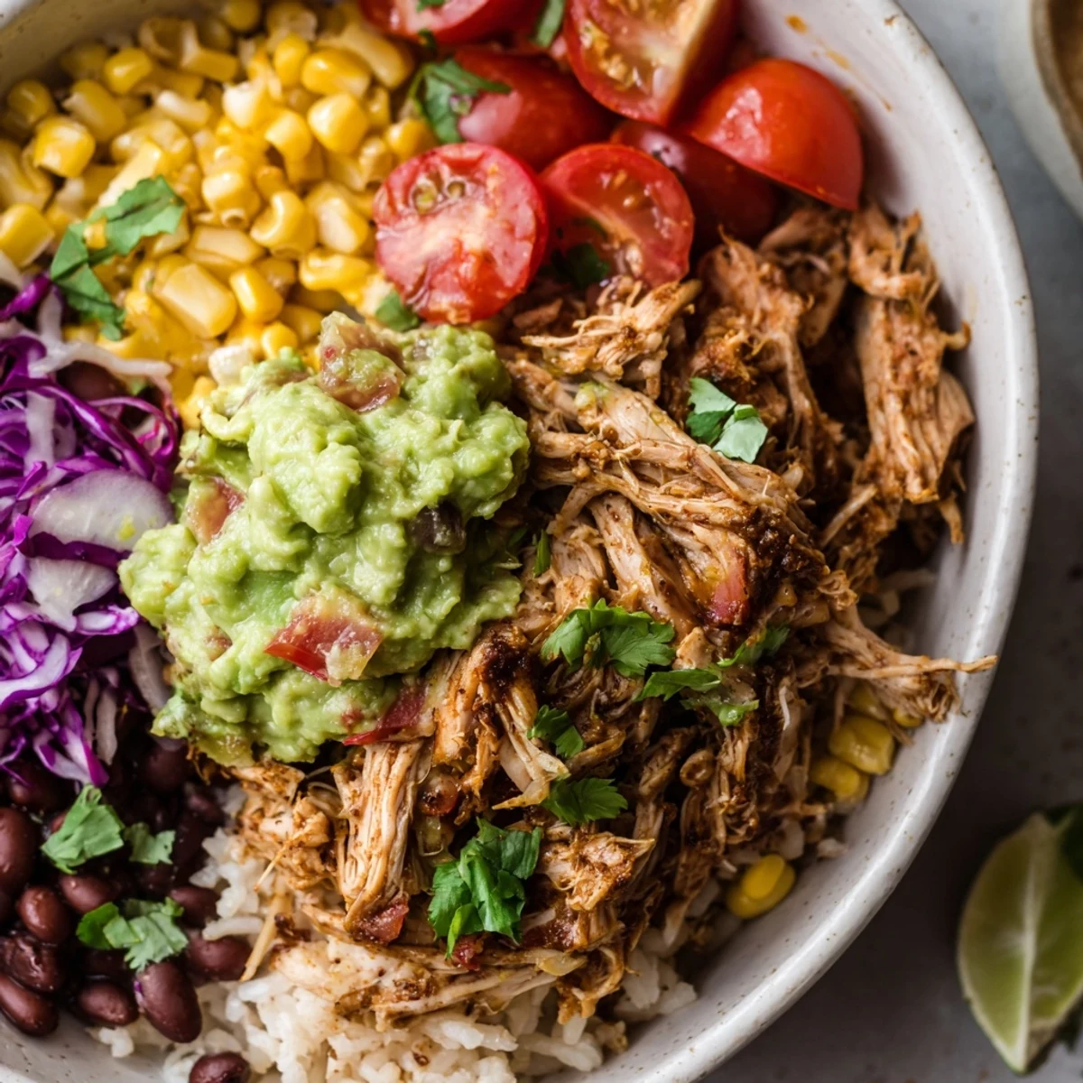 Satisfying gluten-free bowl with spiced pulled chicken, zesty guacamole, cherry tomatoes, cilantro, and lime wedges for complete nutrition
